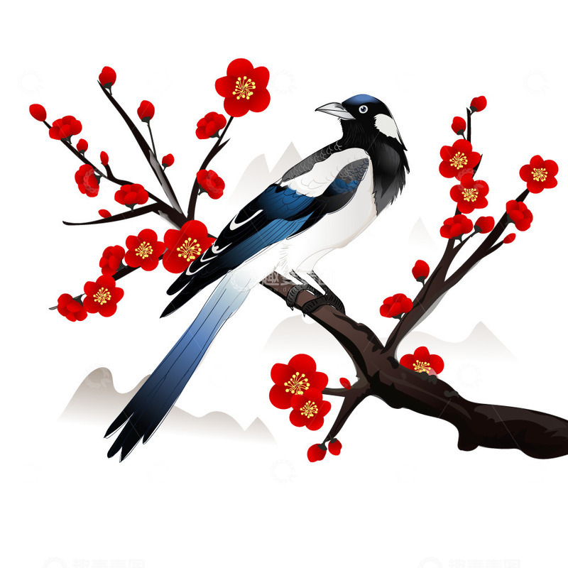 源文件下载【趣麦麦图】红色创意中国风梅花喜鹊矢量