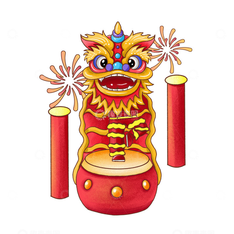 源文件下载【趣麦麦图】舞狮子手绘插画烟花大鼓手绘