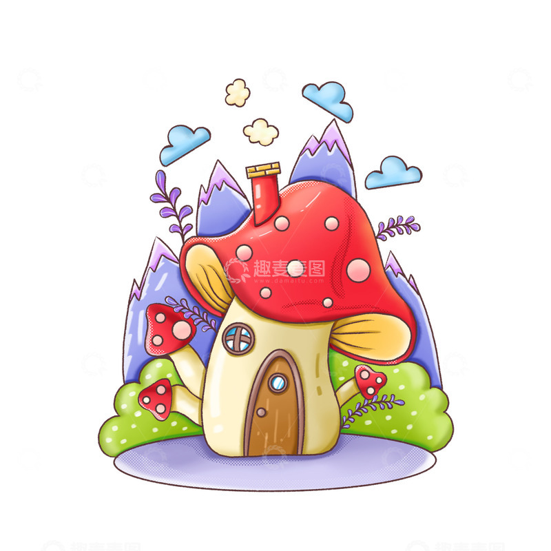 源文件下载【趣麦麦图】手绘场景蘑菇云蘑菇屋插画元素