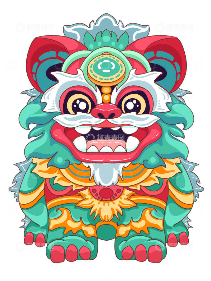 源文件下载【趣麦麦图】绿色新年门前石狮子形象