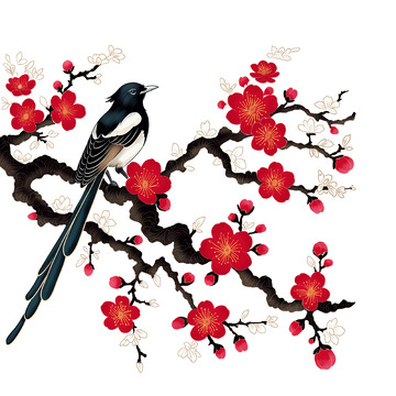 国潮风金线红梅喜鹊手绘图