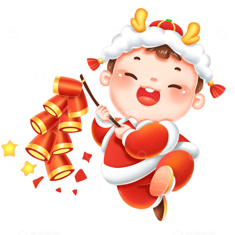 龙年福娃儿童放鞭炮2024春节欢度新春