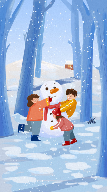 冬天雪景堆雪人