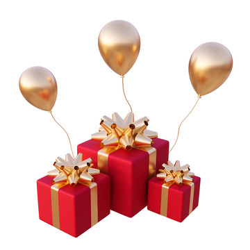 红色礼盒金色气球3D促销元素