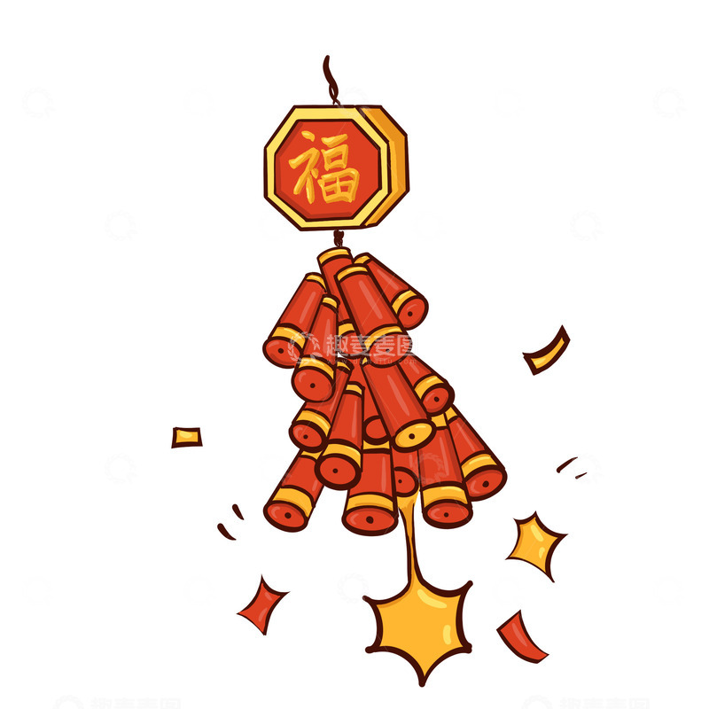 鞭炮悬挂手绘卡通红色黄色新年喜庆