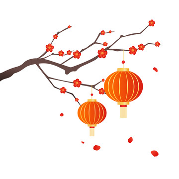 中国风国潮梅花树枝灯笼插画矢量元素
