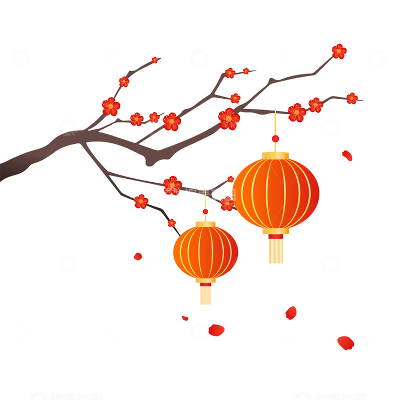 源文件下载【趣麦麦图】中国风国潮梅花树枝灯笼插画矢量元素