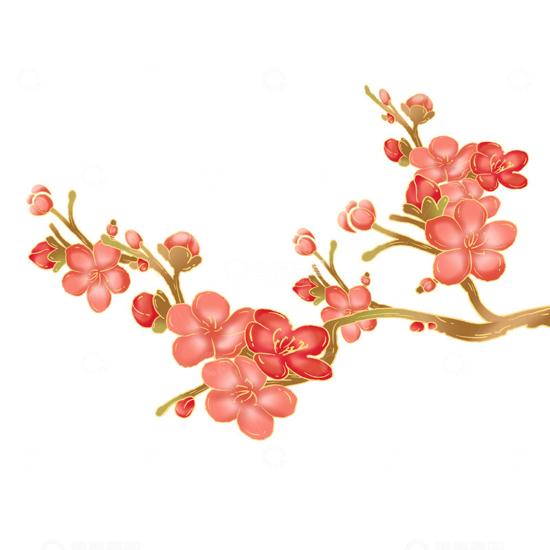 源文件下载【趣麦麦图】手绘插画国潮风梅花枝