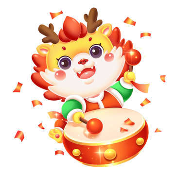 龙年IP卡通龙敲鼓打鼓春节场景