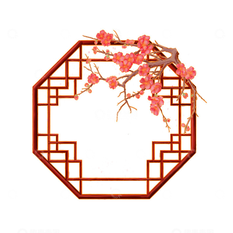 源文件下载【趣麦麦图】古典红梅花枝边框