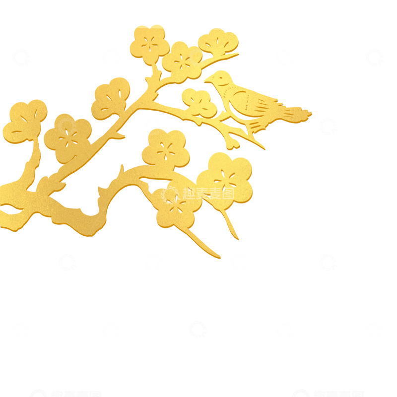 源文件下载【趣麦麦图】新年剪纸浮雕金色质感梅花花朵喜鹊