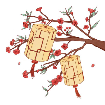 新年春节腊月灯笼梅花红花树