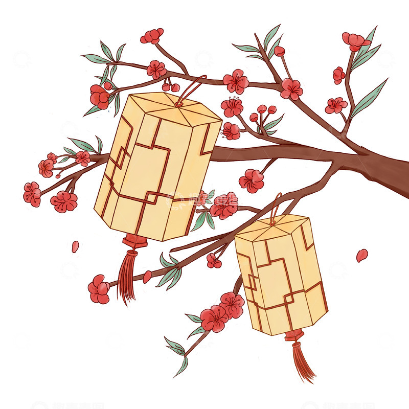 源文件下载【趣麦麦图】新年春节腊月灯笼梅花红花树