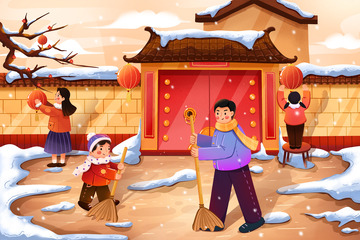 新年大扫除插画海报