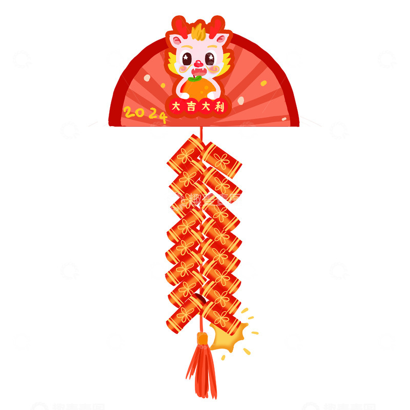 手绘喜庆新年一串鞭炮元素