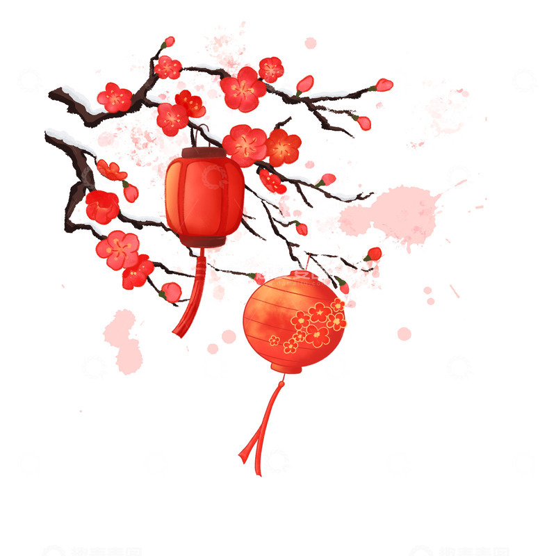 源文件下载【趣麦麦图】中国风新年积雪梅花树枝挂灯笼