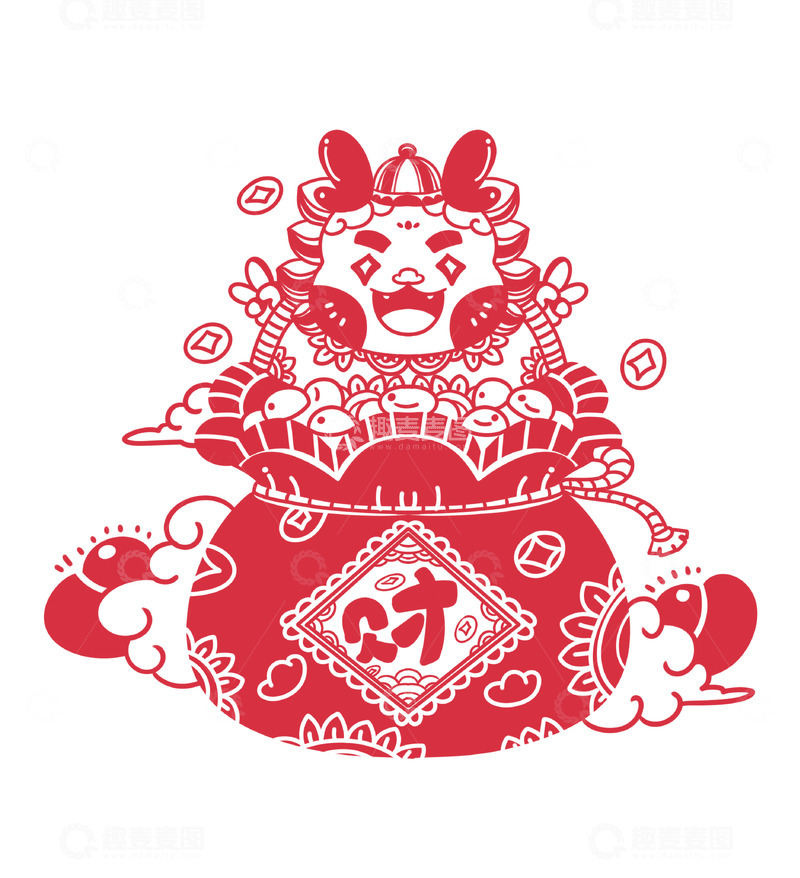 源文件下载【趣麦麦图】发财窗花龙形象剪纸