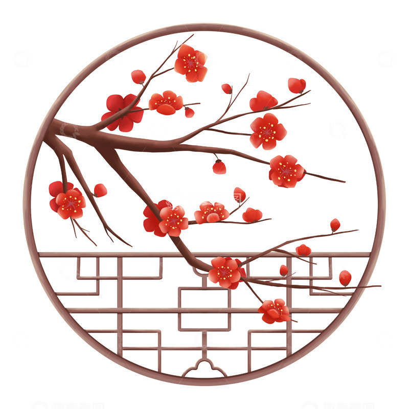 源文件下载【趣麦麦图】中式窗框梅花枝组合元素