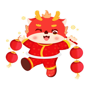 龙年手提灯笼拜年可爱卡通形象海报装饰