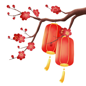 中国风梅花枝圆柱形灯笼组合元素