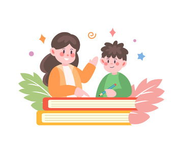 卡通简约一起探讨问题的师生