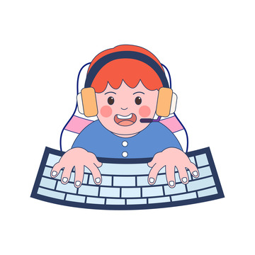 卡通线描玩电脑的人物