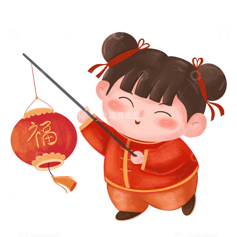 源文件下载【趣麦麦图】-福娃新年红色灯笼小孩手绘传统人物