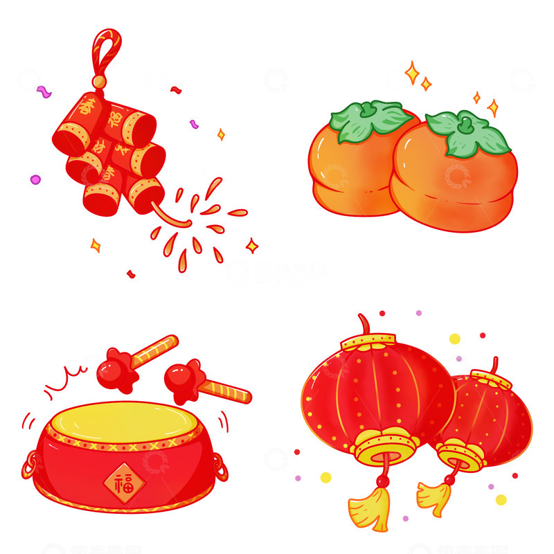 新年元素组合鞭炮柿子打鼓灯笼挂件喜庆春节
