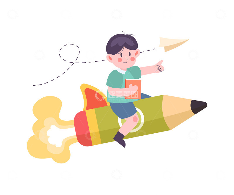 源文件下载【趣麦麦图】卡通简约坐着火箭冲刺的小孩