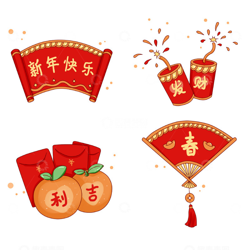 源文件下载【趣麦麦图】新年元素组合卷轴烟花红包妲己古风扇子挂件