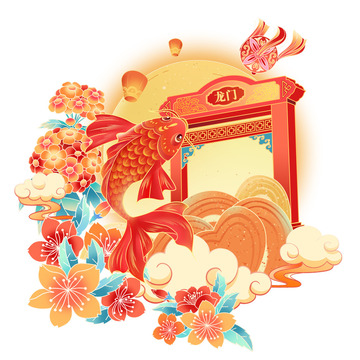 手绘鲤鱼越龙门