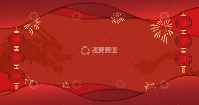 中国风红色龙年灯笼烟花剪纸背景