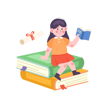 卡通简约坐在书籍上的小孩