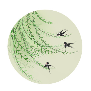 绿色柳树枝燕子