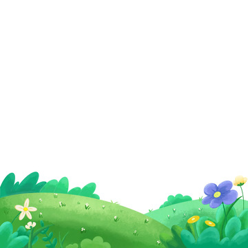 春天绿色草地山坡手绘植物