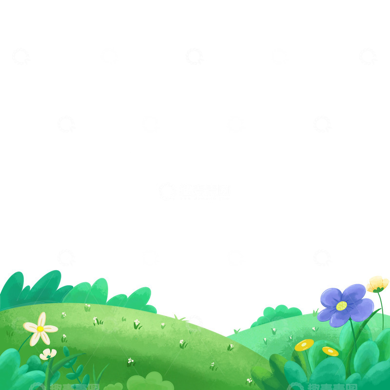 春天绿色草地山坡手绘植物