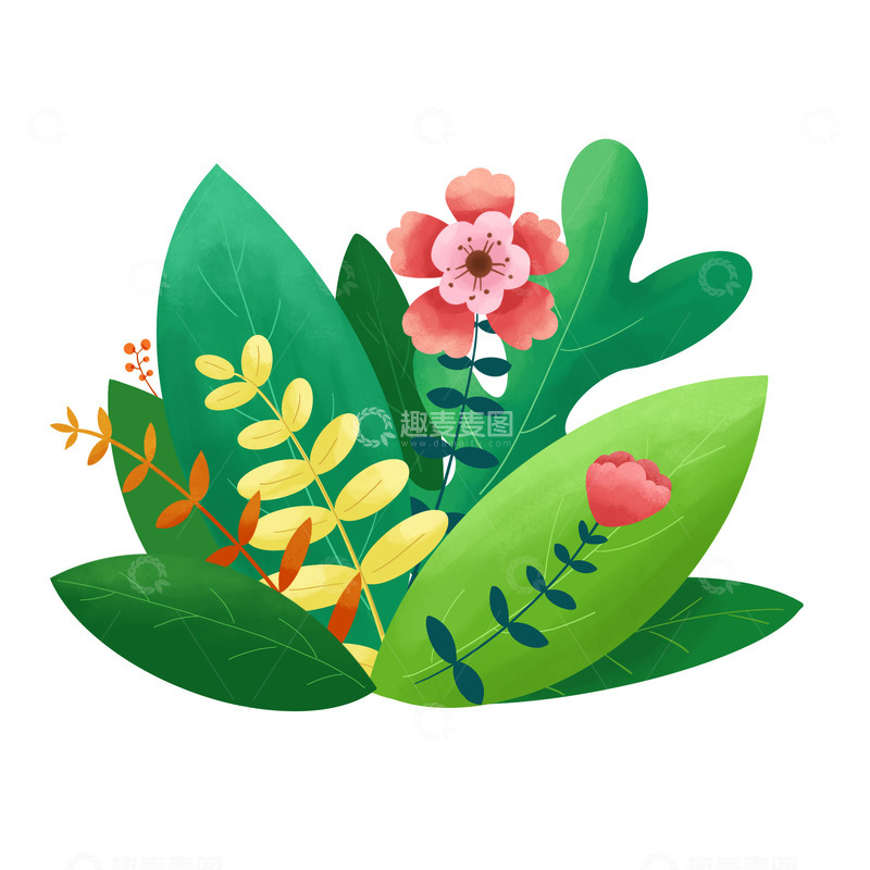 源文件下载【趣麦麦图】手绘植物春季花朵树叶绿色