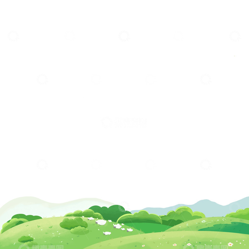 春天绿色山坡草地手绘卡通