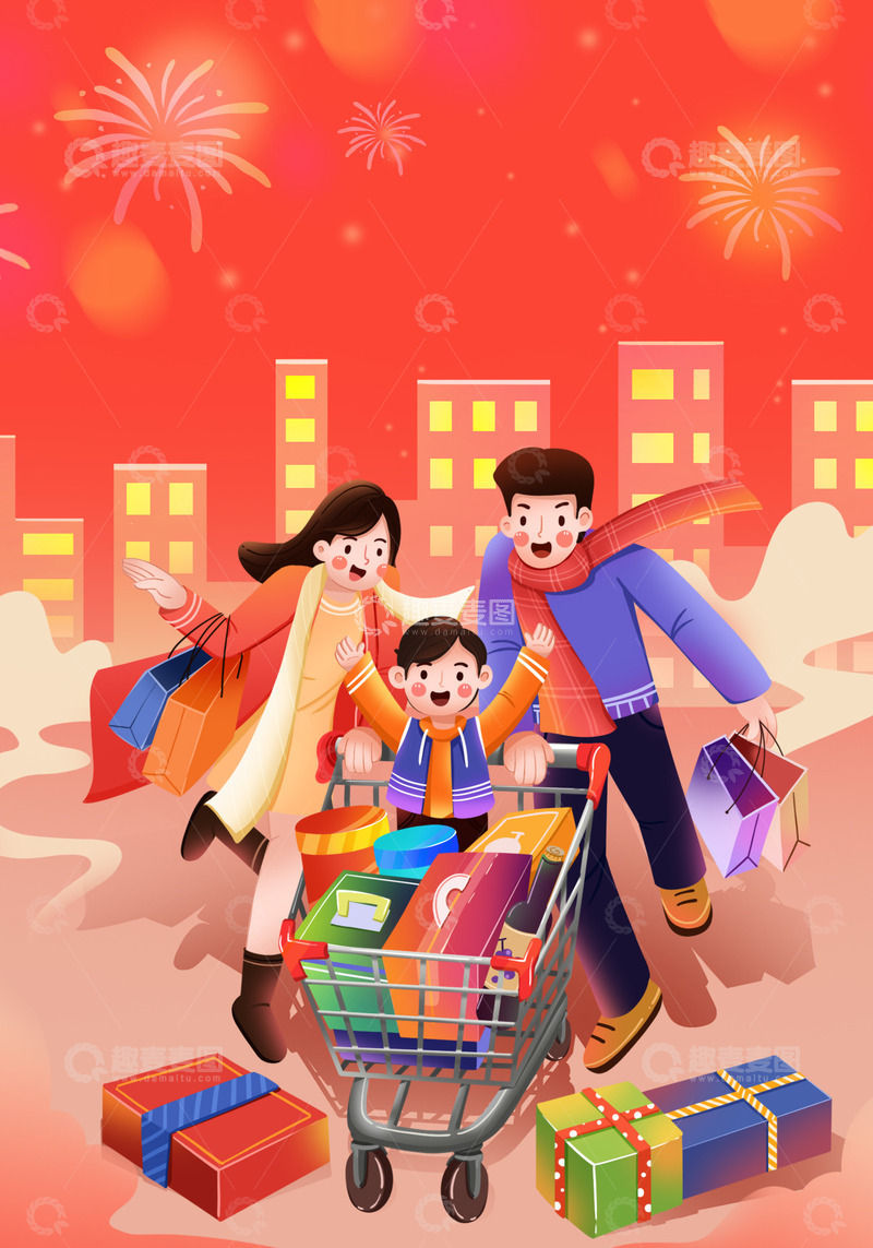 新年一家人采购场景