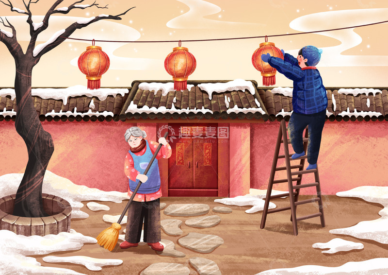 源文件下载【趣麦麦图】新年习俗小年大扫除卡通插画背景
