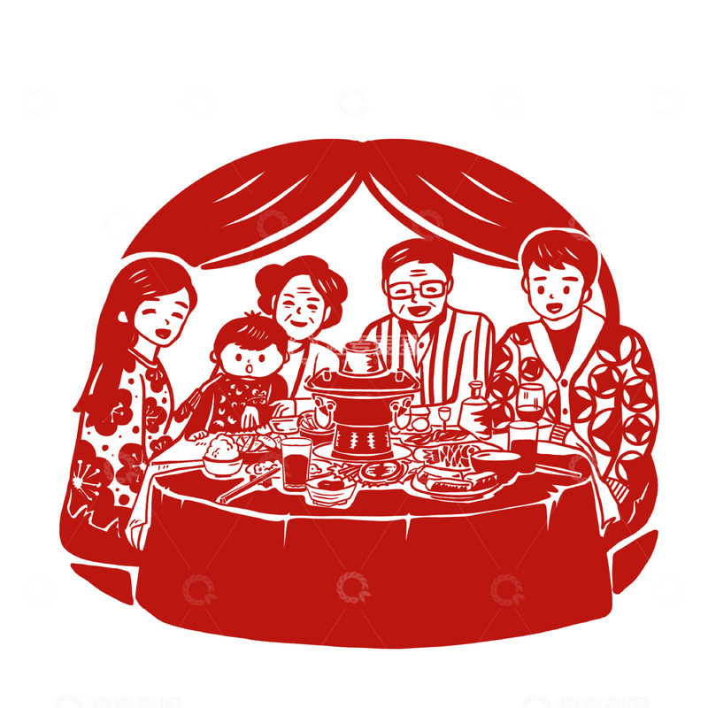 源文件下载【趣麦麦图】2024新年除夕年夜饭一家人团圆饭剪纸