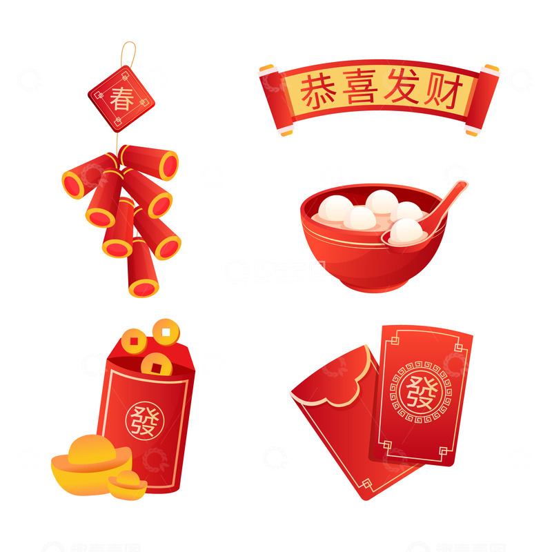 春节节日元素组合新年元素元宵红包鞭炮
