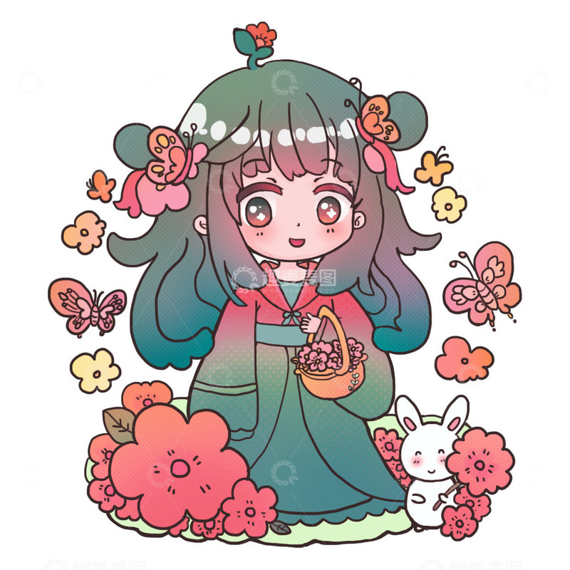 源文件下载【趣麦麦图】花朵少女春天蝴蝶兔子花篮子卡通古风绿色