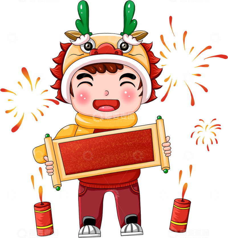 源文件下载【趣麦麦图】-福娃男孩龙年烟花卷轴春节喜庆