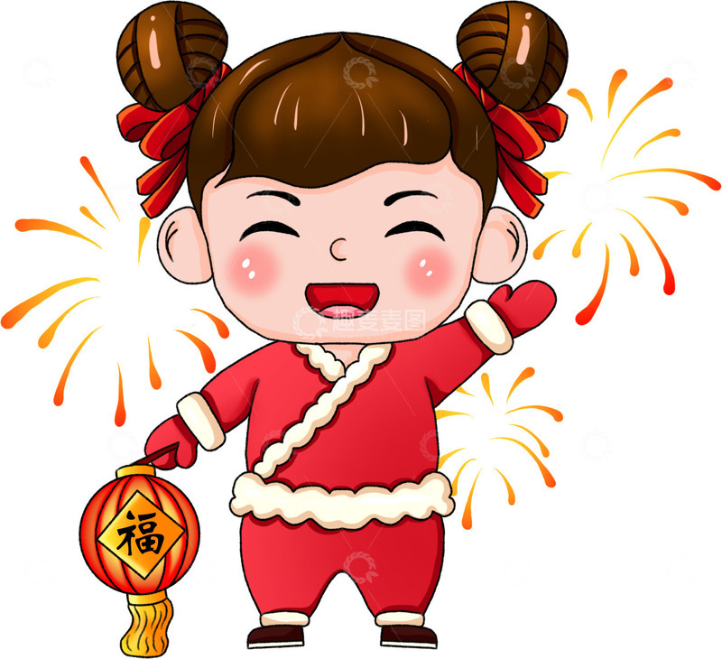 源文件下载【趣麦麦图】-福娃女孩烟花灯笼春节喜庆