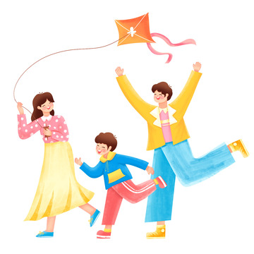 一家人放风筝春天露营手绘卡通元素