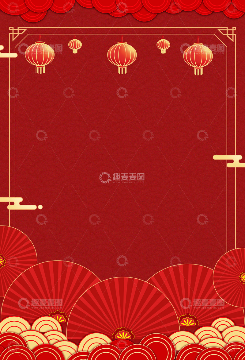 源文件下载【趣麦麦图】-新年剪纸风扇子祥云边框背景