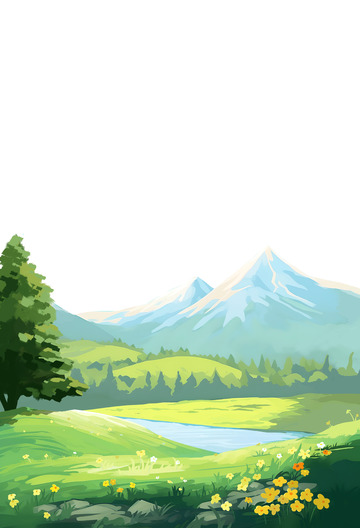 春天场景风景山丘花草草丛远山草坪