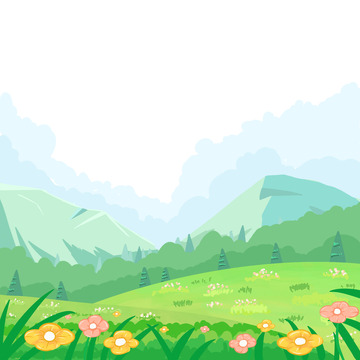 春天草地山坡绿色鲜花手绘