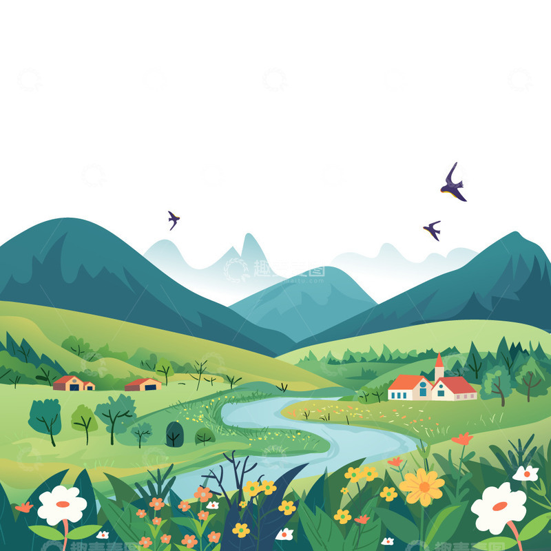 源文件下载【趣麦麦图】绿色卡通风格春天场景海报背景